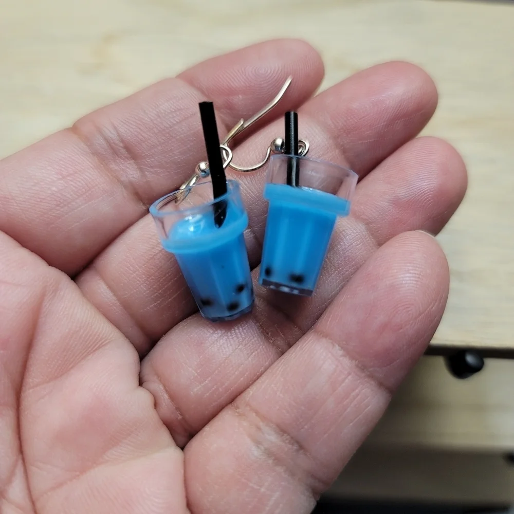 Handcrafted Mini Bubble Tea Dangle Earrings Blue Boba Milk Tea Jar Straw